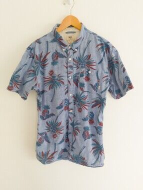 Vans Off The Wall Mens Large Palm Tree Pineapple Hawaiian Shirt Blue Chambray